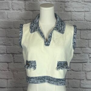 Gaudie Women's M Cream Cropped Knit Polo Tank Fringe Trim | Preppycore Chiccore